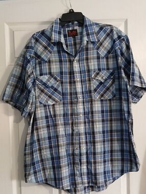 SIZE XL PLAINS Men's Blue Plaid Short-Sleeve Western Button-Down Shirt